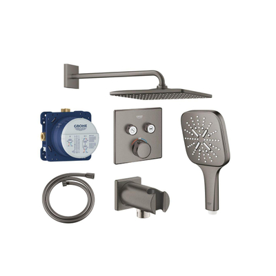 Grohe Grohtherm regendoucheset inbouw - hoofddouche vierkant - handdouche vierkant - gebogen wandarm - hard graphite geborsteld