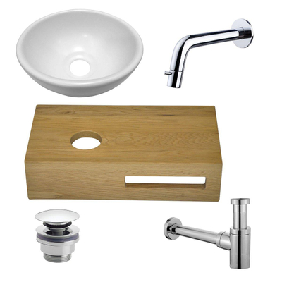 Wiesbaden Oak houten fonteinset compleet met inbouwkraan, waskom links, houten blad, sifon en afvoerplug chroom