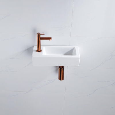 QeramiQ Fuente Fonteinset - 37.5x18.5x9cm - keramiek - kraangat links - fonteinkraan geborsteld koper - afvoerplug - verlaagd sifon - Glans wit