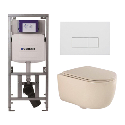 QeramiQ Dely Swirl Toiletset - 36.3x51.7cm - Geberit UP320 Burda inbouwreservoir - slim zitting - mat witte metalen bedieningsplaat - rechthoekige knoppen - beige