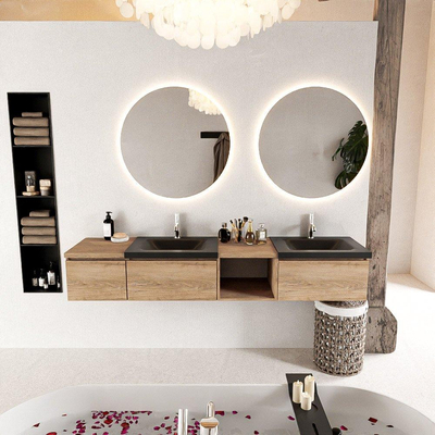 MONDIAZ BUKLA 200cm badmeubel met open module 40 rechts kleur Washed Oak met 3 lades. Wastafel CLOUD dubbel 2 kraangaten kleur Urban.