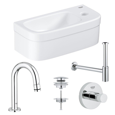 GROHE Euro fonteinset 37x18cm 1 kraangat zonder overloop gebogen chromen kraan sifon afvoerplug handdoekhaak fontein Rechthoek wit
