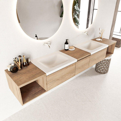 MONDIAZ BUKLA 240cm badmeubel met open module 40 L+R kleur Washed Oak met 3 lades. Wastafel CLOUD dubbel 0 kraangaten kleur Talc.