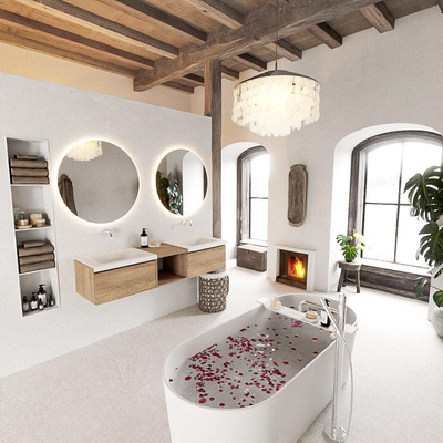 MONDIAZ BUKLA 160cm badmeubel met open module 40 kleur Washed Oak met 2 lades. Wastafel CLOUD dubbel 0 kraangaten kleur Talc.