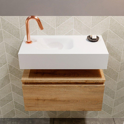 MONDIAZ ANDOR Toiletmeubel - 60x30x30cm - 1 kraangat - 1 lades - washed oak mat - wasbak links - Solid surface - Wit