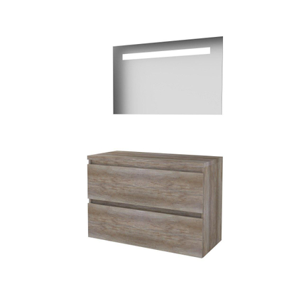 Basic-Line Economic 46 badkamermeubelset - 100x46cm - greeploos - 2 lades - wastafelblad - Spiegel - geintegreerde LED verlichting - MFC Scotch Oak