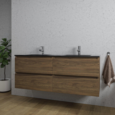 Adema Chaci Badkameronderkast - 140cm - 4 lades - greeploos - zwart keramieke wastafel - overloop - 2 wasbakken - 2 kraangaten - noten