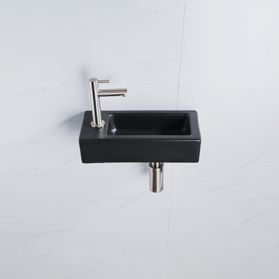 QeramiQ Fuente Fonteinset - 37.5x18.5x9cm - keramiek - kraangat links - fonteinkraan geborsteld RVS - afvoerplug - verlaagd sifon - Mat Zwart