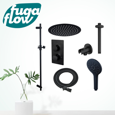 FugaFlow Eccelente Sobrado Badkamer Inbouw Regendoucheset - thermostatisch - plafondarm -glijstang - 25cm hoofddouche - handdouche rond - zwart mat
