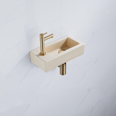 QeramiQ Fuente Fonteinset - 37.5x18.5x9cm - keramiek - kraangat links - fonteinkraan geborsteld messing - afvoerplug - verlaagd sifon - Mat Beige