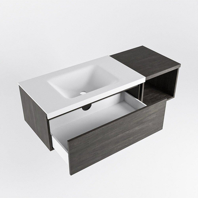 MONDIAZ BUKLA 120cm badmeubel met open module 40 kleur Dark Brown met 1 lade. Wastafel CLOUD links 1 kraangat kleur Talc.