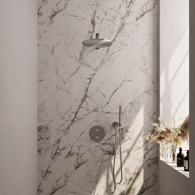 BRAUER Brushed Edition thermostatische Inbouw Regendouche - 3-weg - rond - set 74 - 30cm hoofddouche - rechte muurarm - staaf handdouche - doucheslang - wandaansluitbocht - RVS geborsteld PVD