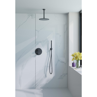 Fortifura Calvi Inbouw Regendoucheset - rond - thermostatisch - plafondarm - 25cm hoofddouche - staaf handdouche - metalen doucheslang - zwart mat