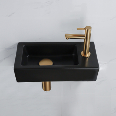 QeramiQ Fuente Fonteinset - 37.5x18.5x9cm - keramiek - kraangat rechts - fonteinkraan geborsteld messing - afvoerplug - verlaagd sifon - Mat Zwart