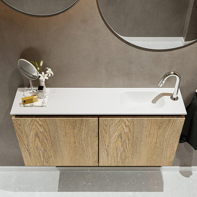 MONDIAZ TURE Fonteinset - 100x23x50cm - 1 kraangat - 2 deuren - washed oak mat - Wasbak rechts - Solid Surface Wit