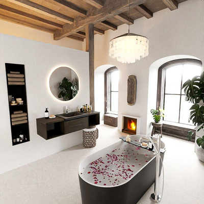 MONDIAZ BUKLA 140cm badmeubel met open module 40 L+R kleur Dark Brown met 1 lade. Wastafel CLOUD midden 1 kraangat kleur Urban.