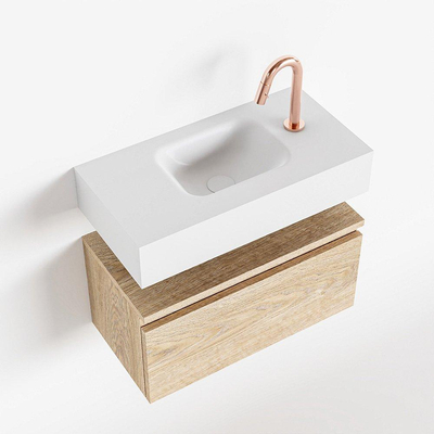 MONDIAZ ANDOR Toiletmeubel - 60x30x30cm - 1 kraangat - 1 lades - washed oak mat - wasbak midden - Solid surface - Wit