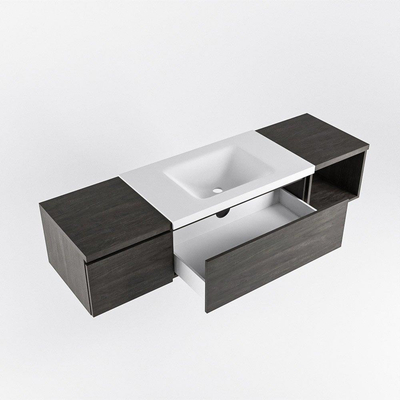 MONDIAZ BUKLA 160cm badmeubel met open module 40 rechts kleur Dark Brown met 2 lades. Wastafel CLOUD midden 1 kraangat kleur Talc.