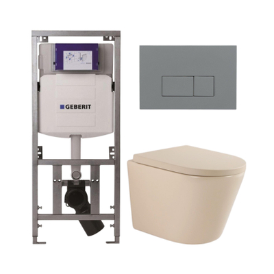 QeramiQ Dely Toiletset - 36.3x51.7cm - diepspoel - rimless - Geberit UP320 inbouwreservoir - softclose toilet zitting 35mm - bedieningsplaat licht grijs - rechthoekige knoppen - mat beige