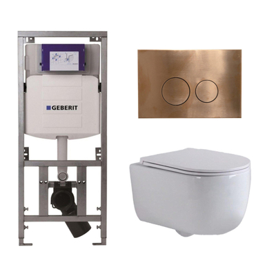 QeramiQ Dely Swirl Toiletset - 36.3x51.7cm - diepspoel - rimless - Geberit UP320 Burda inbouwreservoir - slim zitting - koperen bedieningsplaat - ronde knoppen - wit mat