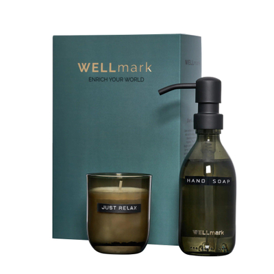 Wellmark Discover giftset - handzeep en geurkaars - dark amber - smokey zwart glas