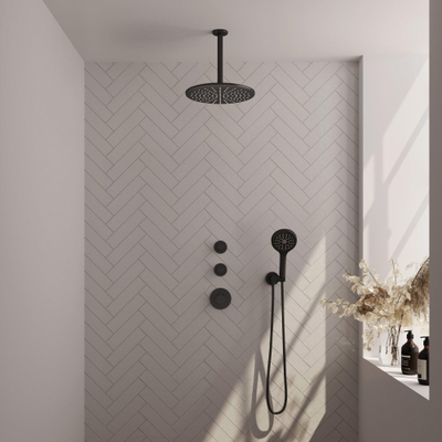 Brauer Black Carving Regendoucheset inbouw - hoofddouche 30cm - plafondarm - 3 carving knoppen handdouche Rond 1 stand - mat zwart