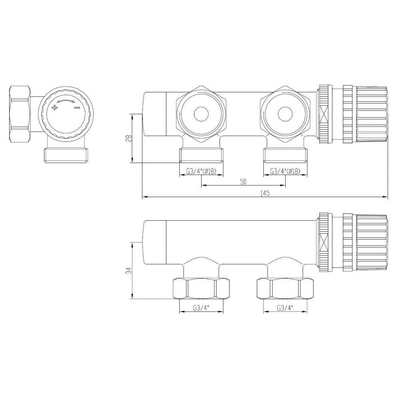 Riko thermostatisch 3/4 onderblok haaks-rechts chroom