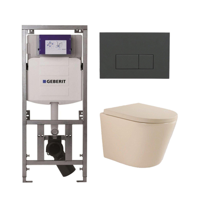 QeramiQ Dely Swirl Toiletset - 36.3x51.7cm - Geberit UP320 Burda inbouwreservoir - 35 mm zitting - bedieningsplaat antraciet mat - rechthoekige knoppen - beige