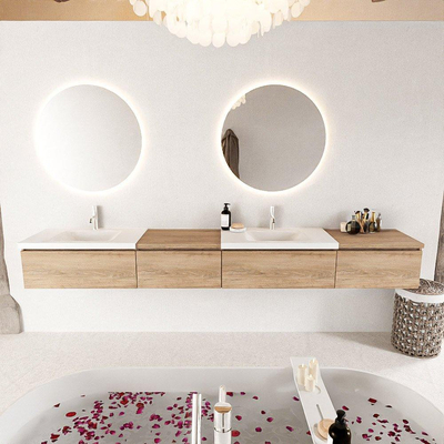 MONDIAZ BUKLA 280cm badmeubel met module 60 links kleur Washed Oak met 4 lades. Wastafel CLOUD dubbel 2 kraangaten kleur Talc.