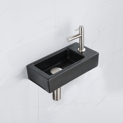 QeramiQ Fuente Fonteinset - 37.5x18.5x9cm - keramiek - kraangat rechts - fonteinkraan geborsteld RVS - afvoerplug - verlaagd sifon - Mat Zwart