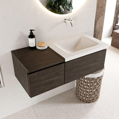 MONDIAZ BUKLA 100cm badmeubel met module 40 kleur Dark Brown met 2 lades. Wastafel CLOUD rechts 0 kraangaten kleur Talc.