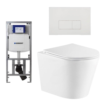 QeramiQ Dely Toiletset - 36.3x51.7cm - diepspoel - rimless - Geberit UP320 Burda inbouwreservoir - softclose toiletzitting - mat witte bedieningsplaat - rechtehoekige knoppen - wit mat