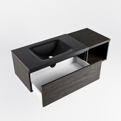 MONDIAZ BUKLA 120cm badmeubel met open module 40 kleur Dark Brown met 1 lade. Wastafel CLOUD links 0 kraangaten kleur Urban.