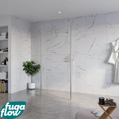 FugaFlow Eccelente Vetro Vrijstaande inloopdouche badkamer - 90x200cm - Helder - antikalk - 8mm veiligheidsglas - 2 zijwanden 40cm - met wandarmen en hoekprofielen - RVS geborsteld -