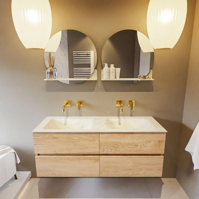 MONDIAZ VICA-DLUX Badkamermeubelset - 130cm - onderkast washed oak - 4 lades - inbouw wastafel cloud dubbel - zonder kraangaten - 60cm hoge versie - opalo
