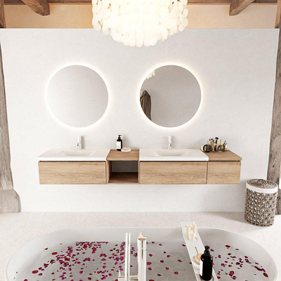 MONDIAZ BUKLA 240cm badmeubel met open module 40 links kleur Washed Oak met 3 lades. Wastafel CLOUD dubbel 2 kraangaten kleur Talc.