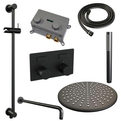 BRAUER Black Carving Thermostatische Regendouche inbouw - drukknoppen - SET 64 - 30cm hoofddouche - gebogen muurarm - staaf handdouche - doucheslang - geïntegreerde glijstang - zwart mat