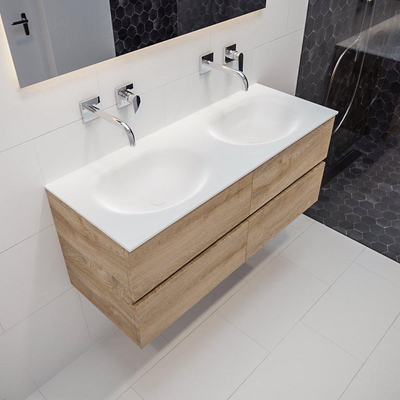 MONDIAZ VICA Badkamermeubelset - 120cm - 4 lades - wasbak Moon dubbel - 0 kraangaten - solid surface washed oak