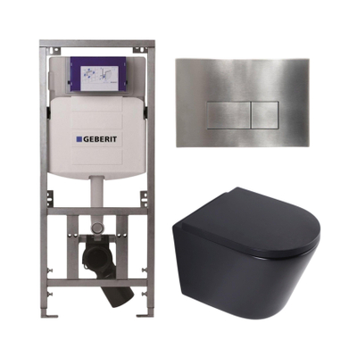 QeramiQ Dely Toiletset - 36.3x51.7cm - diepspoel - rimless - Geberit UP320 inbouwreservoir - softclose toilet zitting 35 mm - steel bedieningsplaat - rechthoekige knoppen - mat zwart