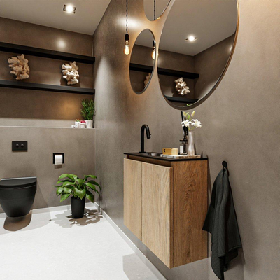 MONDIAZ TURE Fonteinset - 60x23x50cm - 1 kraangat - 2 deuren - washed oak mat - Wasbak links - Solid Surface Zwart