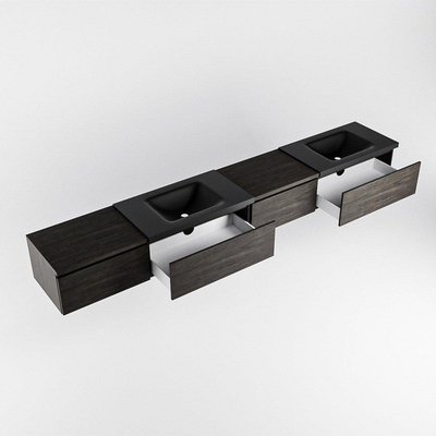 MONDIAZ BUKLA 280cm badmeubel met module 60 rechts kleur Dark Brown met 4 lades. Wastafel CLOUD dubbel 2 kraangaten kleur Urban.