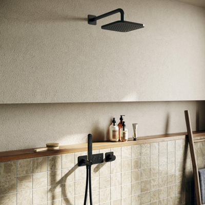 Hotbath Gmetal IBS41 Complete doucheset inbouw - thermostatisch - 2 pushbuttons - 35cm wandarm - 22cm vierkante hoofddouche - staafhanddouche - zwart mat