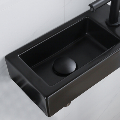 QeramiQ Fuente Fonteinset - 37.5x18.5x9cm - keramiek - kraangat rechts - fonteinkraan zwart mat - afvoerplug - verlaagd sifon - Mat Zwart