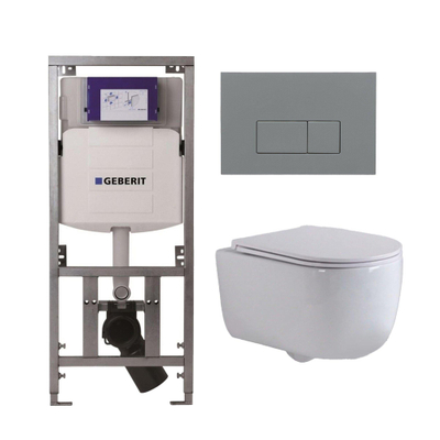 QeramiQ Dely Swirl Toiletset - 36.3x51.7cm - Geberit UP320 Burda inbouwreservoir - slimzitting - bedieningsplaat licht grijs - rechthoekige knoppen - wit glans