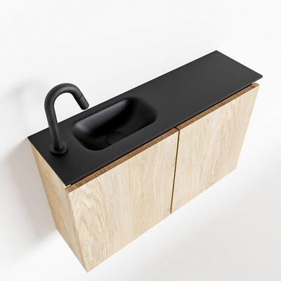 MONDIAZ TURE Fonteinset - 80x23x50cm - 1 kraangat - 2 deuren - washed oak mat - Wasbak links - Solid Surface Zwart