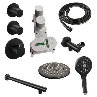 Brauer Black Edition Regendoucheset inbouw - hoofddouche 20cm - 3 gladde knoppen - rechte wandarm - handdouche rond 3 standen - mat zwart