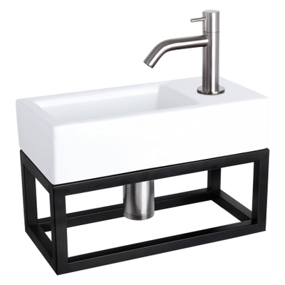 Differnz Ravo fonteinset - 38.5x18.5x25cm - Rechthoek - 1 kraangat - Gebogen matte chromen kraan - met zwart frame - Keramiek Wit