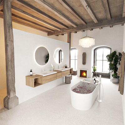 MONDIAZ BUKLA 280cm badmeubel met open module 40 L+R kleur Washed Oak met 3 lades. Wastafel CLOUD dubbel 2 kraangaten kleur Talc.