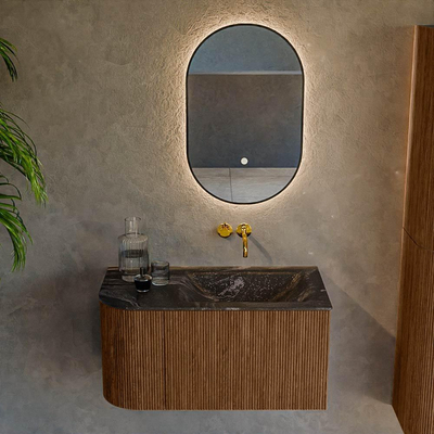 MONDIAZ KURVE-DLUX 85cm badmeubel met module 25 L kleur Walnut met 1 lade en 1 deur. Wastafel CLOUD rechts zonder kraangat kleur Lava.