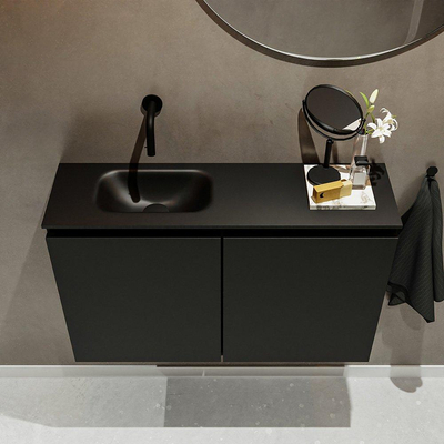 MONDIAZ TURE Fonteinset - 80x23x50cm - 0 kraangaten - 2 deuren - urban mat - Wasbak links - Solid Surface Zwart